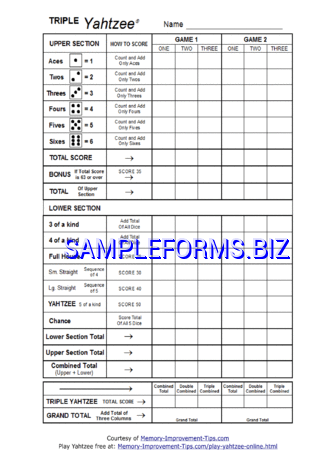 Triple Yahtzee Scoresheet pdf free